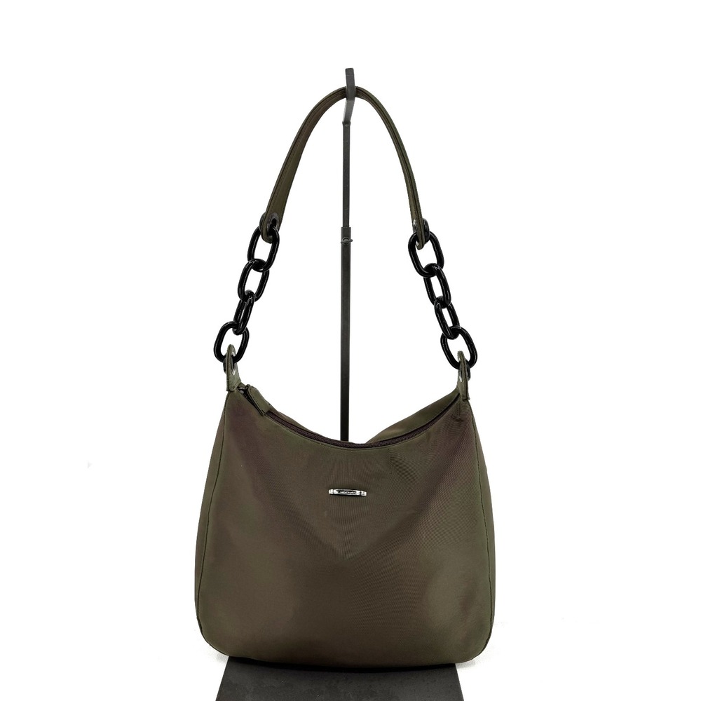 Laura Biagiotti Olive Green Nylon Shoulder Bag Black Chain Strap Made In Italy